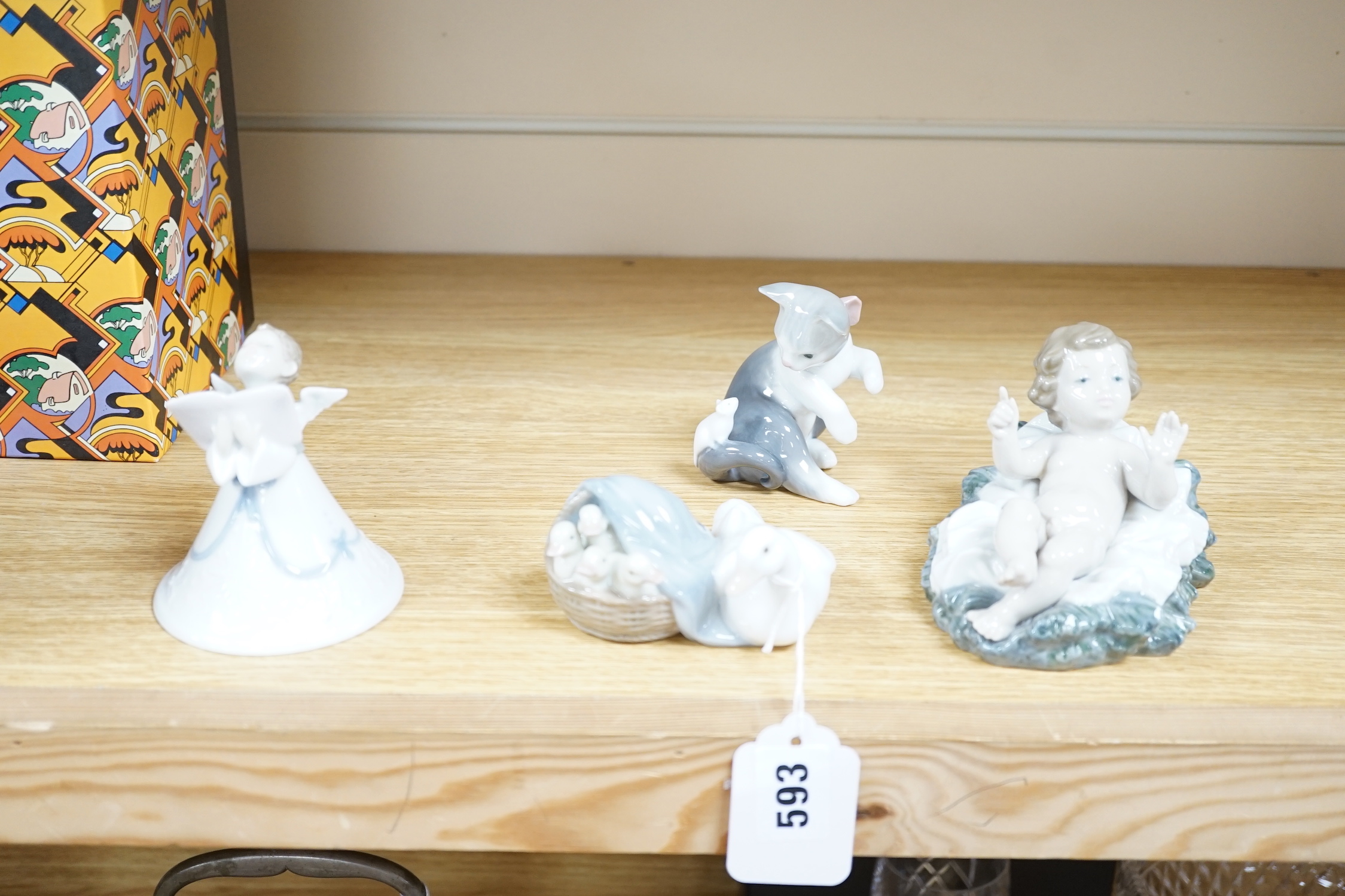 A large Lladro figure group “La gran familia, Puppy Brigade”, Baby Jesus, Duckling, New Friend, Chit-Chat, Sunday’s Child, Little Sister, Cat and Mouse and heavenly Tenor (9), largest 30 cm wide